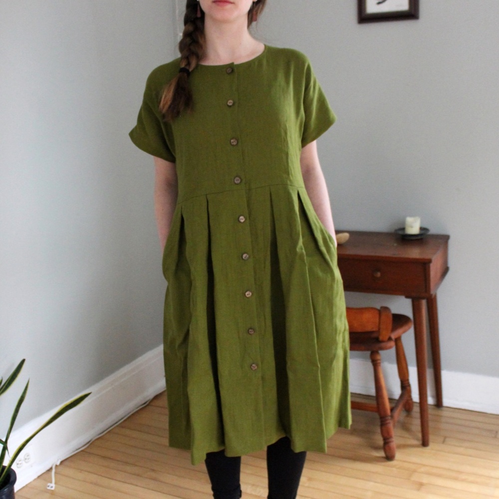 OffOn Short Sleeve Linen Dress - Moss Green, Size Small